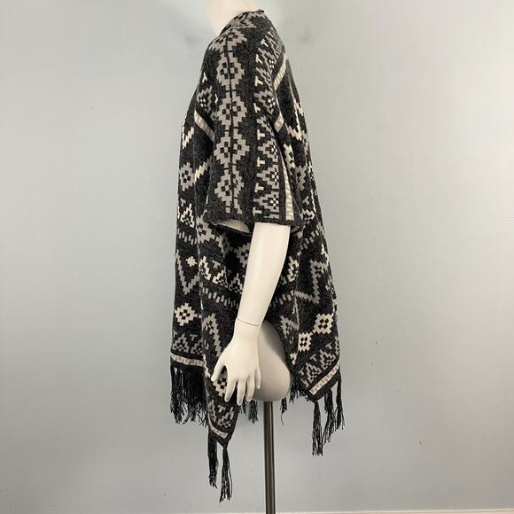 Debut Aztec Southwestern Fringe Sweater Poncho Open Front Cardigan S/M Boho - Picture 7 of 12